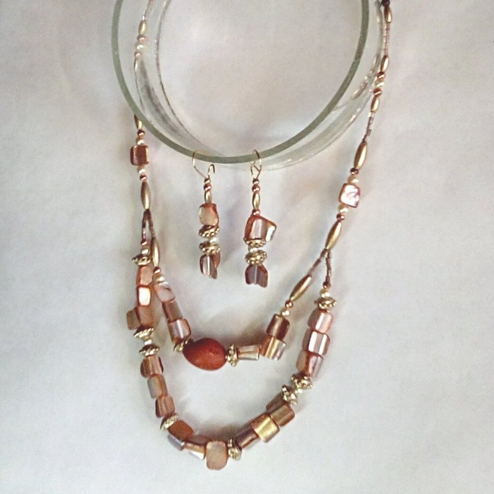 Women's Double Strand Mother-of-Pearl Necklace and Matching Ear.rings